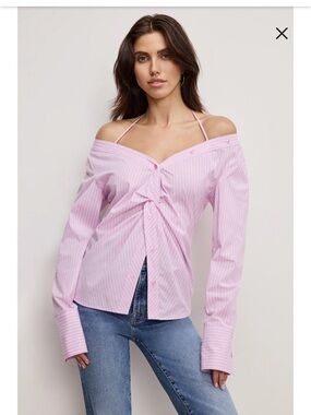 Good American Poplin Pink Off-Shoulder Shirt